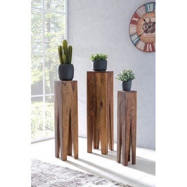 WOHNLING table Set of 3 Solid wood Sheesham living room table design pillars country style coffee table square