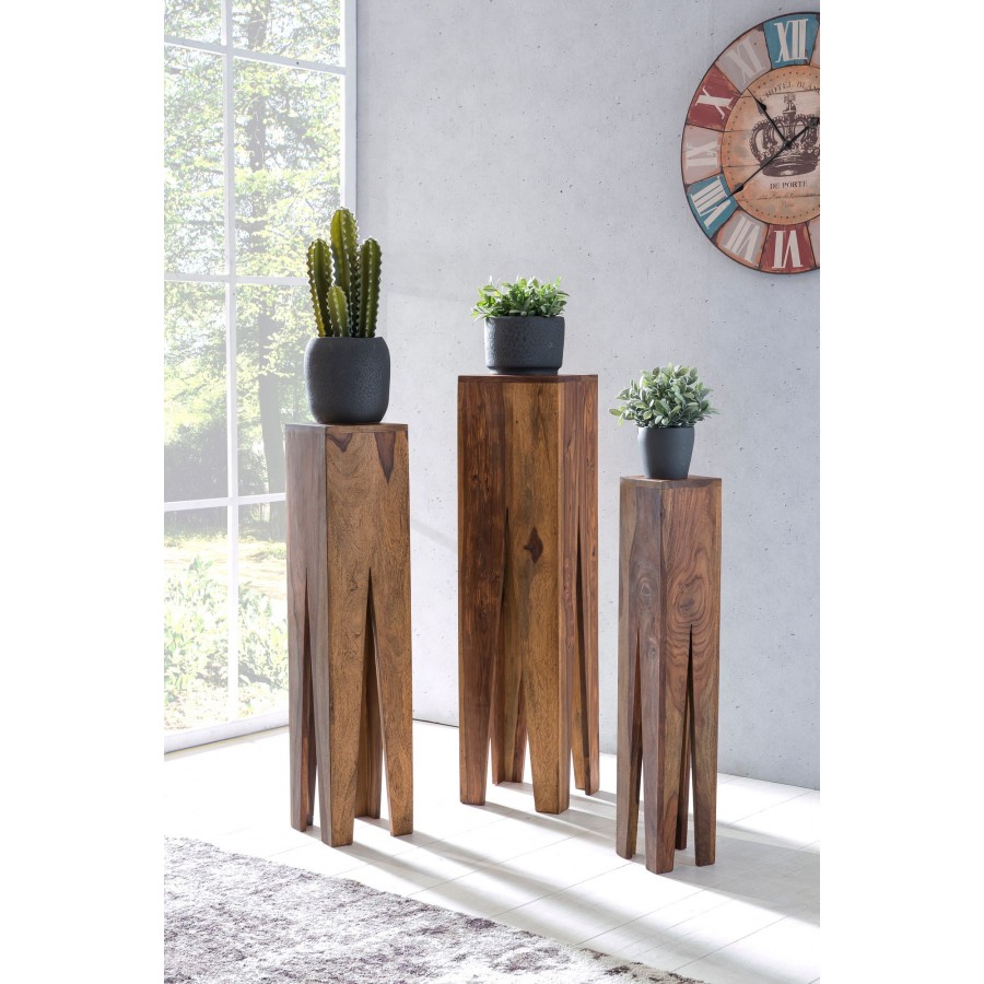 WOHNLING table Set of 3 Solid wood Sheesham living room table design pillars country style coffee table square