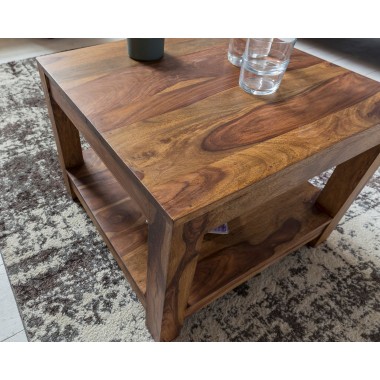 WOHNLING coffee table solid wood Sheesham 60 x 60 cm living room table design dark brown country style table