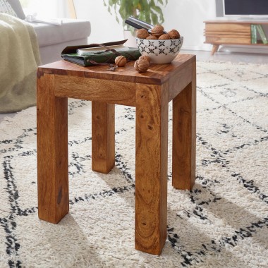 WOHNLING Side Solid-Wood Sheesham 35 x 35 cm living room table design dark brown country style coffee table