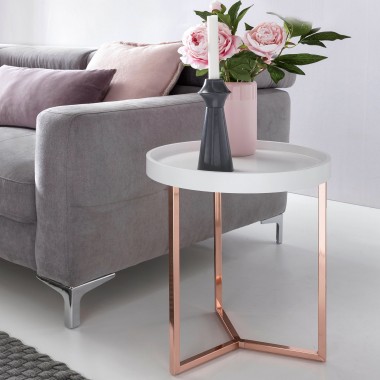 WOHNLING Design Side table white / copper ø 40 cm Tablett wood metal | Living room table with table Sofas modern | Coffee table