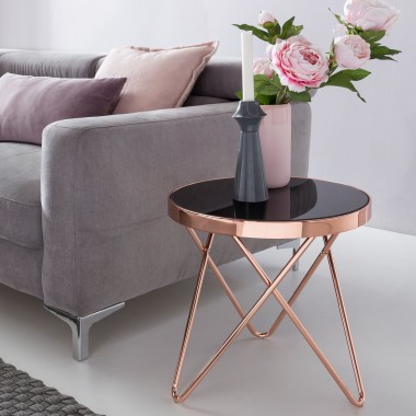 WOHNLING Design side table three- WOHNLING metal glass ø 42 cm black / copper | Living room mirrored Sofat modern | Glassy round