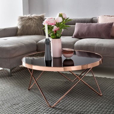 WOHNLING Design WOHNLING Black / frame Copper ø 82 cm | Living room mirrored Sofat modern | Glassy coffee table round lounge