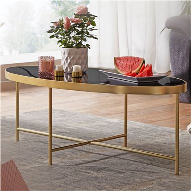 kawowy design  czarny - owalny 110 x 56 cm ze złotym metalem  | Duży stół do salonu Szklany stolik do salonu