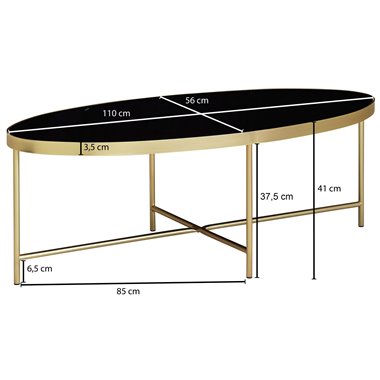 kawowy design  czarny - owalny 110 x 56 cm ze złotym metalem  | Duży stół do salonu Szklany stolik do salonu