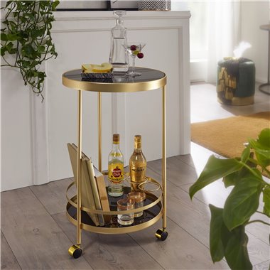 design  złoty okrągły Ø 45cm 2 poziomy | Stolik na kółkach ze szklanym blatem Czarny wagon restauracyjny | Wózek kuchenny | wóze