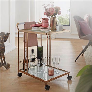Design  wózek służący złoty 67x80x45 cm | Ruchomy stolik | Wagon restauracyjny ze szklanym blatem Wózek kuchenny szklanka mleka