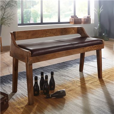 Ława  ławka ze skóry naturalnej / litego drewna 108x63x43 cm | Ławka tapicerowana z oparciem ława przedpokój sypialnia brązowy |