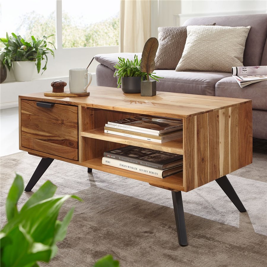 kawowy  95x45x45 cm akacja stół do salonu z litego drewna prostokątny | Drewniany stół z miejscem do przechowywania | Stolik kaw