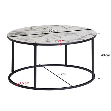 kawowy  okrągły 80x40x80 cm biały marmur | Stół do salonu z czarną metalową ramą | Nowoczesny stół dekoracyjny