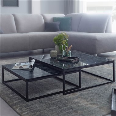 Design  Zestaw 2   z czarnego marmuru | Stoliki kawowe 2-częściowa metalowa rama | Szlachetne stoły do salonu | Nowoczesne stoły