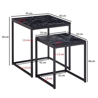 Design Side  Zestaw 2  z czarnego marmuru | Stolik kawowy z metalową ramą 2-częściową | Małe stoły do salonu | Nowoczesne kwadra