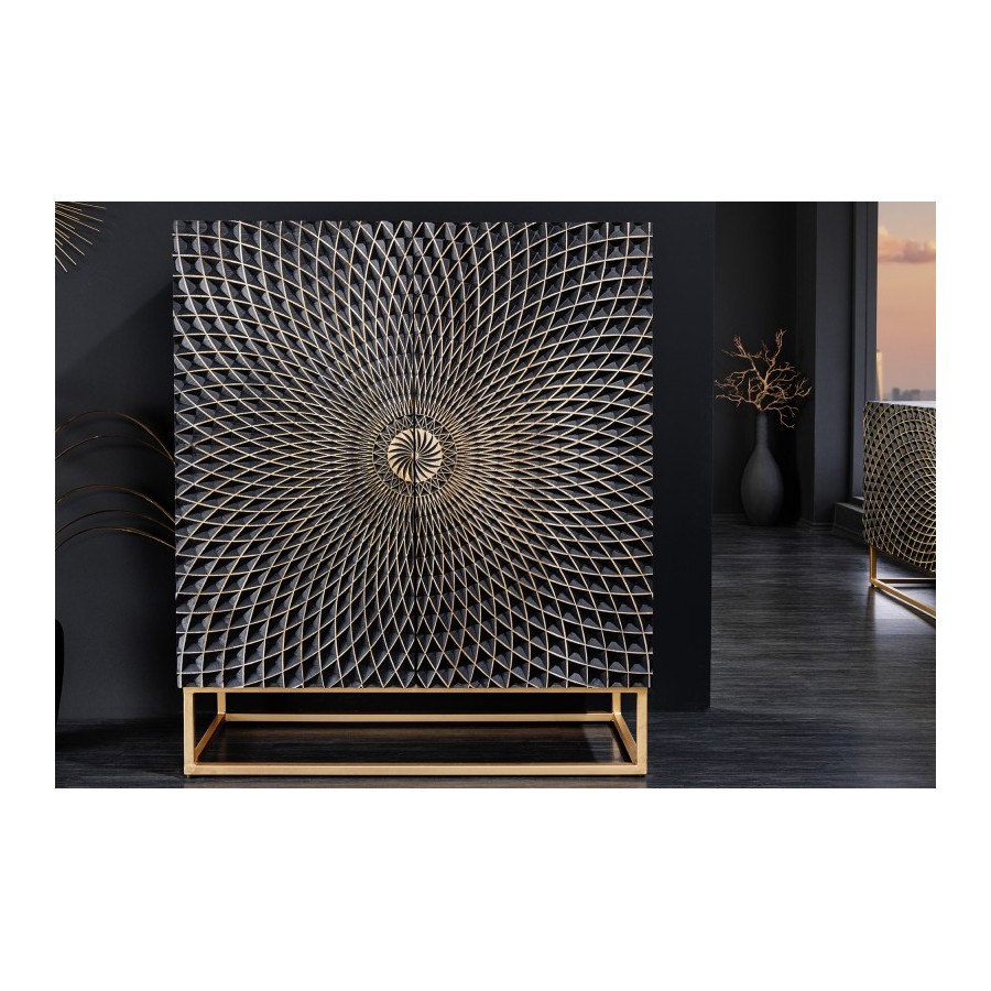 Invicta Komoda wysoka ILLUSION 3D czarno złote mango 100cm / 44321