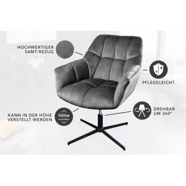 Invicta Fotel obrotowy PAPILLON obrotowy 360°szary aksamit 83 - 90cm / 44227