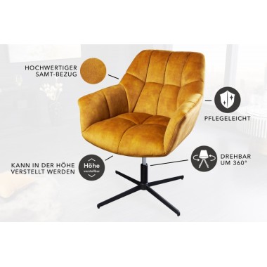 Invicta Fotel obrotowy PAPILLON 360°musztardowo żółty aksamit 83 - 90cm / 44228