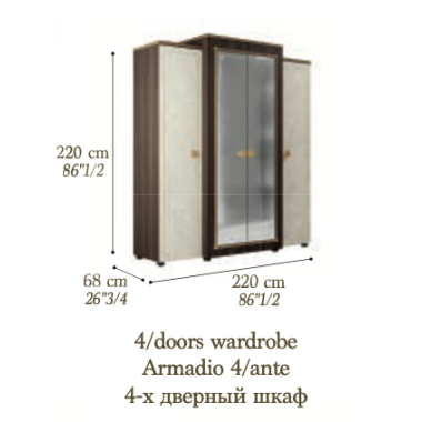 ROMANTICA Włoska Szafa 4 drzwiowa 220 x 220 x 68cm / Adora