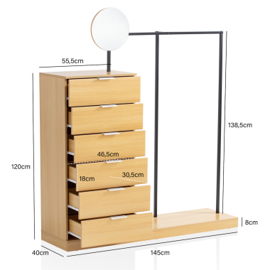 Wohnling Garderoba w optyce dębu 6 szuflad z lusterkiem 145cm / WL6.901