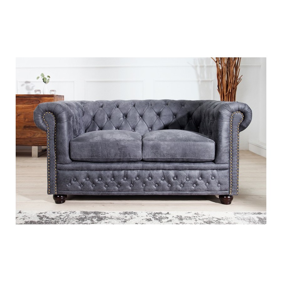 Invicta CHESTERFIELD Sofa 2 osobowa antyczny szary mikrofibra 150cm / 37390