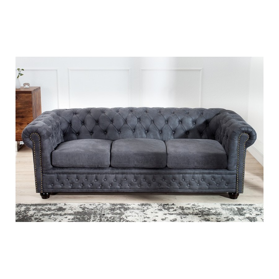 Invicta CHESTERFIELD Sofa 3 osobowa antyczny szary mikrofibra 200cm / 37391