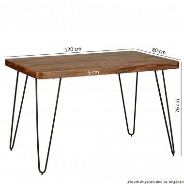 WOHNLING dining table solid wood Sheesham 120cm dining table wooden table Metal legs kitchen table Landhaus dark-brown