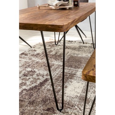 WOHNLING dining table solid wood Sheesham 120cm dining table wooden table Metal legs kitchen table Landhaus dark-brown