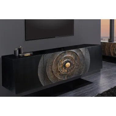Invicta Szafka RTV GOLDEN SUNSET czarne złoto z drewna mango 3D 177cm / 44525