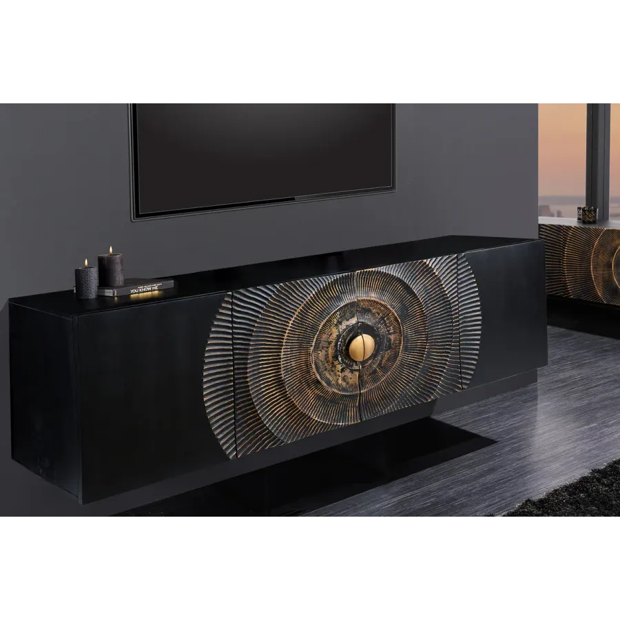 Invicta Szafka RTV GOLDEN SUNSET czarne złoto z drewna mango 3D 177cm / 44525