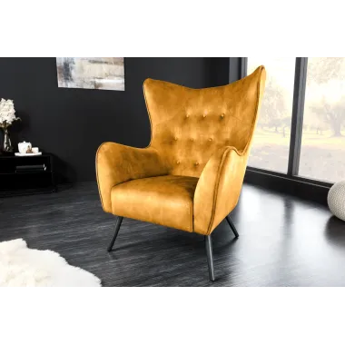 Fotel uszak AMSTERDAM musztardowo żółty aksamit 82cm / 44484