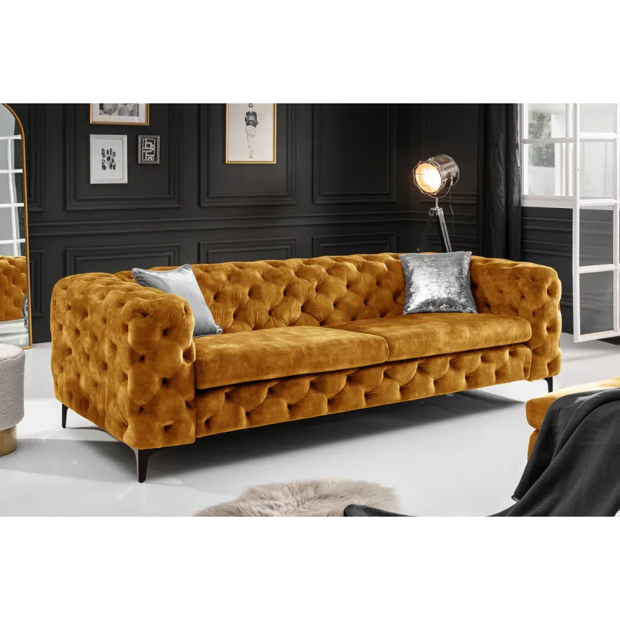 Invicta Chesterfield Sofa 3-osobowa MODERN BAROCK musztardowo żółty aksamit 235cm / 44392