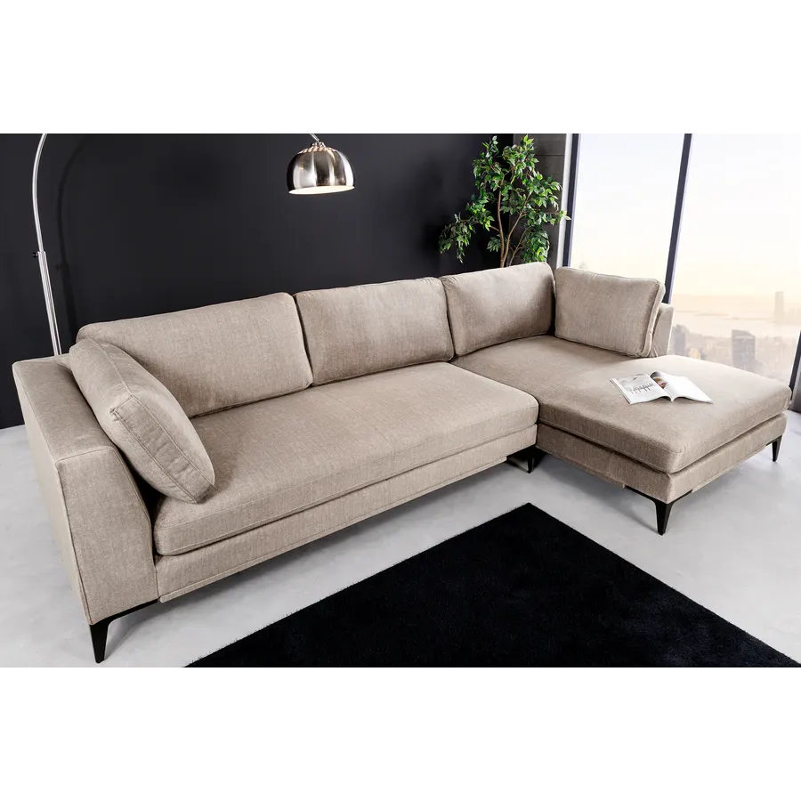 Invicta SIGNUM Kanapa narożna 3-osobowa z pufą prawa aksamit taupe 313 x 110 x 103cm / 44538