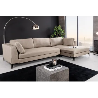 Invicta SIGNUM Kanapa narożna 3-osobowa z pufą prawa aksamit taupe 313 x 110 x 103cm / 44538