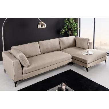 Invicta SIGNUM Kanapa narożna 3-osobowa z pufą prawa aksamit taupe 313 x 110 x 103cm / 44538