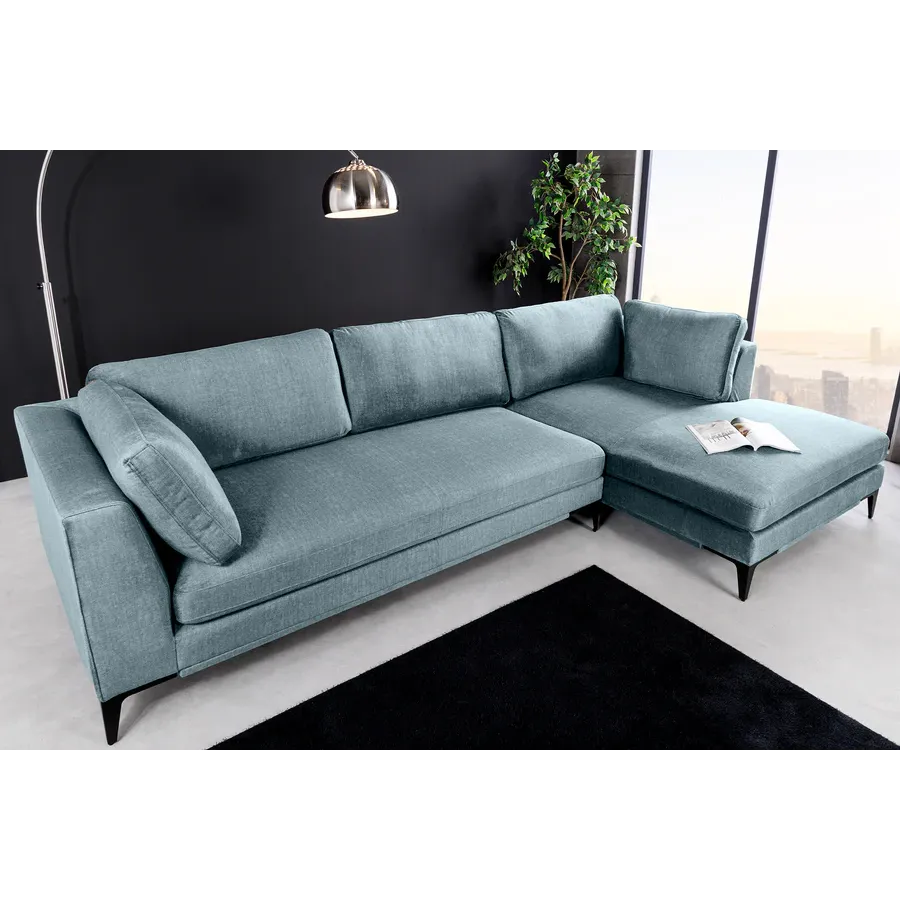 Invicta SIGNUM Kanapa narożna 3-osobowa z pufą prawa aksamit turkus 313 x 110 x 103cm / 44535