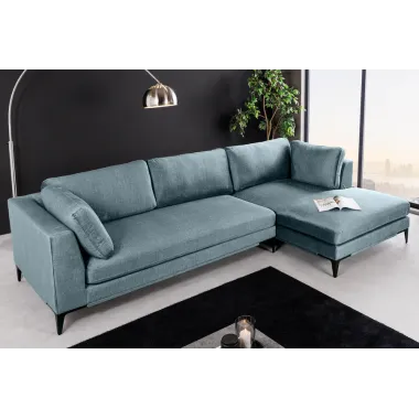 Invicta SIGNUM Kanapa narożna 3-osobowa z pufą prawa aksamit turkus 313 x 110 x 103cm / 44535