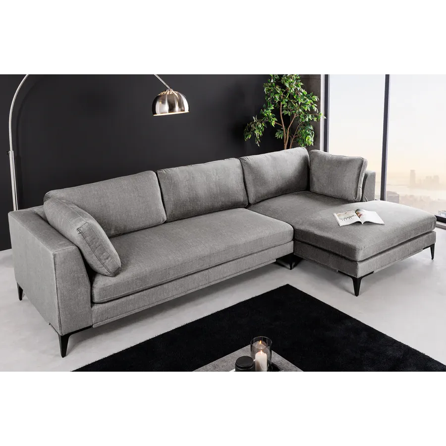 Invicta SIGNUM Kanapa narożna 3-osobowa z pufą prawa aksamit szary 313 x 110 x 103cm / 44449