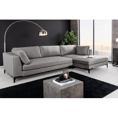 Invicta SIGNUM Kanapa narożna 3-osobowa z pufą prawa aksamit szary 313 x 110 x 103cm / 44449