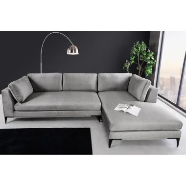 Invicta SIGNUM Kanapa narożna 3-osobowa z pufą prawa aksamit szary 313 x 110 x 103cm / 44449