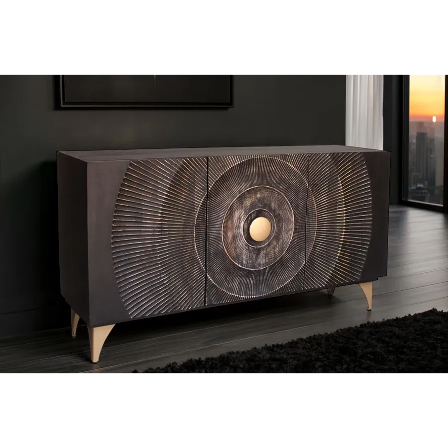 Invicta Komoda GOLDEN SUNSET czarne złoto z drewna mango 3D 140 x 75 x 38cm / 46658