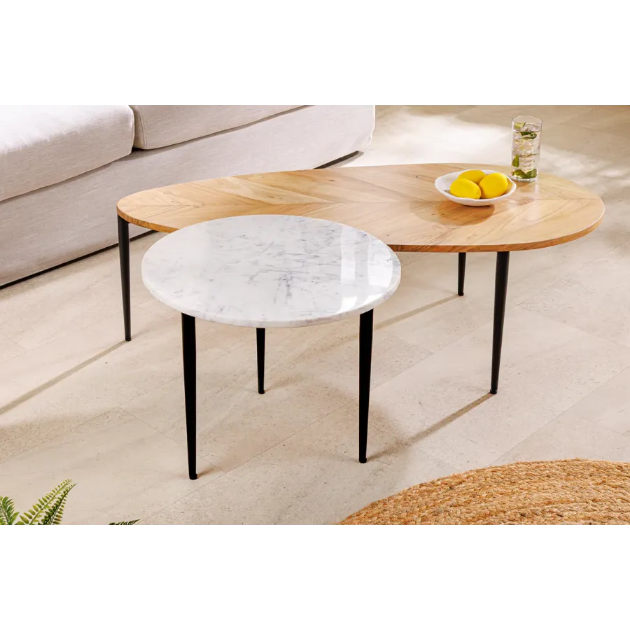 Invicta Stolik kawowy zestaw ADLON akacja biały marmur / 45187