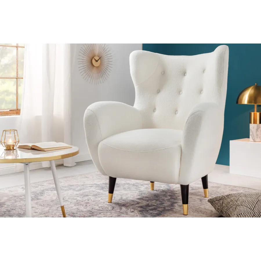 Invicta Fotel uszak DON białe bouclé 88cm / 45970