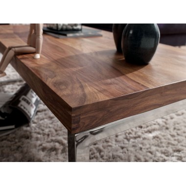 WOHNLING coffee table solid wood Sheesham 120cm wide living room table design dark brown country style table