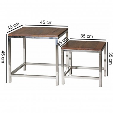 WOHNLING 2er Set Set table Solid wood Sheesham brown living room table metal frame cottage-style side table natural