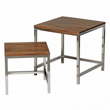 WOHNLING 2er Set Set table Solid wood Sheesham brown living room table metal frame cottage-style side table natural