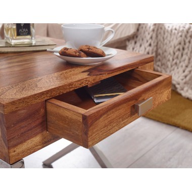 WOHNLING nightstand solid wood Sheesham night-dresser 45 cm 1 drawer metal legs nightstand Landhaus real-wood