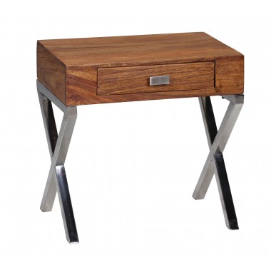 WOHNLING nightstand solid wood Sheesham night-dresser 45 cm 1 drawer metal legs nightstand Landhaus real-wood