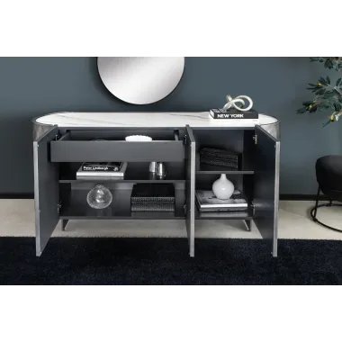 Invicta Komoda REFLECTION efekt 3D antracyt z blatem w optyce marmuru 150cm / 46501