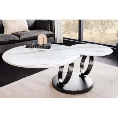 INVICTA Stolik kawowy DANCING RINGS 80-135cm biało czarny czarna rama / 46356