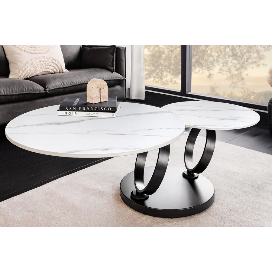 INVICTA Stolik kawowy DANCING RINGS 80-135cm biało czarny czarna rama / 46356