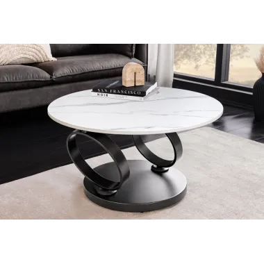 INVICTA Stolik kawowy DANCING RINGS 80-135cm biało czarny czarna rama / 46356