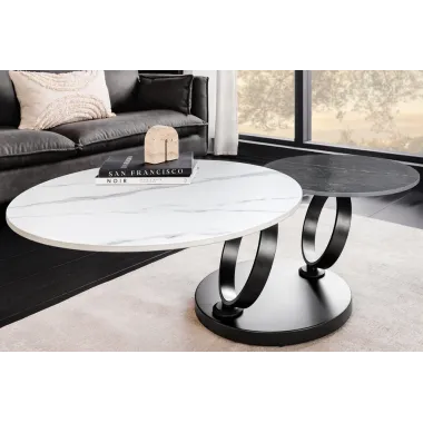 Invicta Stolik kawowy DANCING RINGS 80-135cm biało czarny marmur czarna rama / 46317